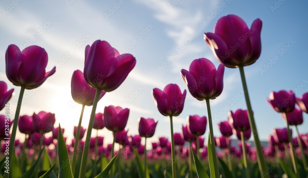 A captivating field of vibrant purple tulips stretches towards a soft, golden sunset sky, capturing the essence of a serene evening. A captivating field of vibrant purple tulips stretches towards a soft, golden sunset sky, capturing the essence of a serene evening.