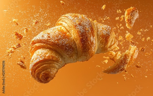 A golden croissant breaking apart with buttery crumbs suspended mid-air, deep orange background