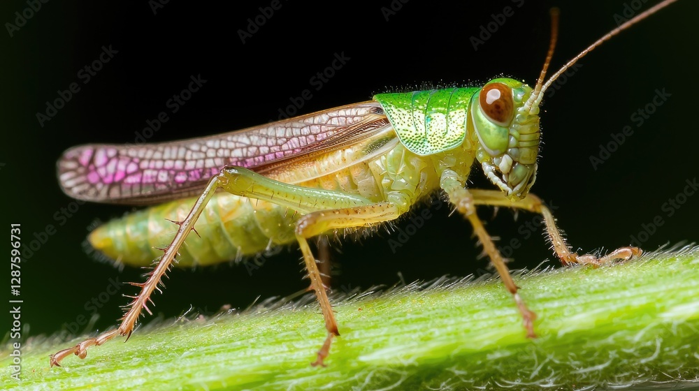 Fototapeta premium Vibrant green grasshopper on leaf, dark background, nature macro