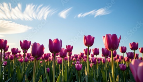 A captivating field of vibrant purple tulips stretches towards a soft, golden sunset sky, capturing the essence of a serene evening.