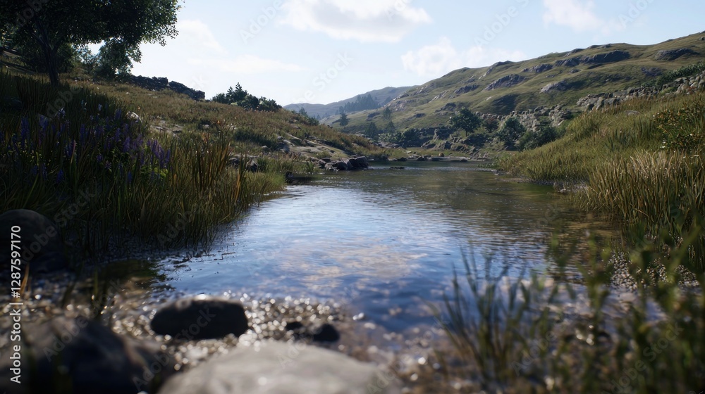 Fototapeta premium Serene river flowing through lush green hills under a clear blue sky with distant mountains