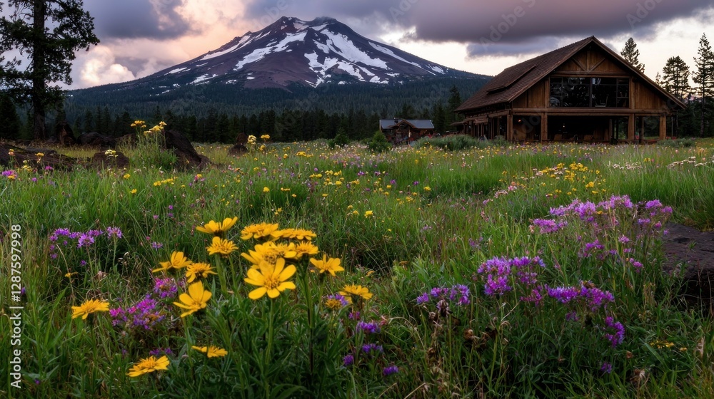 Obraz premium Vibrant wildflowers in a meadow with a mountain backdrop under dramatic clouds