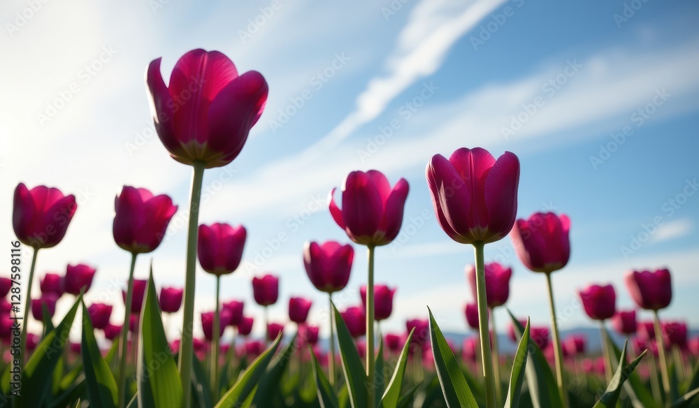 A captivating field of vibrant purple tulips stretches towards a soft, golden sunset sky, capturing the essence of a serene evening. A captivating field of vibrant purple tulips stretches towards a soft, golden sunset sky, capturing the essence of a serene evening.
