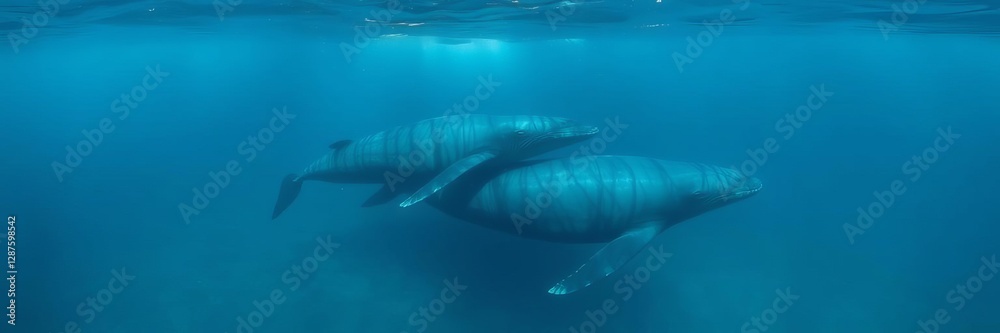 Large blue whale swimming gracefully in the ocean with a pod of friends, huge, swimming, ocean Large blue whale swimming gracefully in the ocean with a pod of friends, huge, swimming, ocean