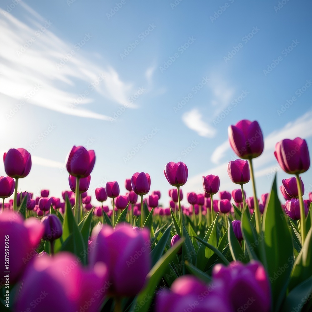 Fototapeta premium A captivating field of vibrant purple tulips stretches towards a soft, golden sunset sky, capturing the essence of a serene evening.