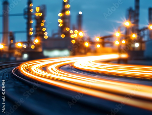 glowing pathway of light trails curves through industrial landscape, evoking sense of motion and energy
