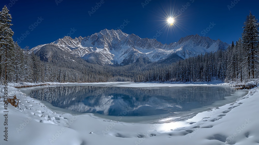Fototapeta premium Serene winter landscape with snow-covered mountains reflecting in a frozen lake under a bright moon