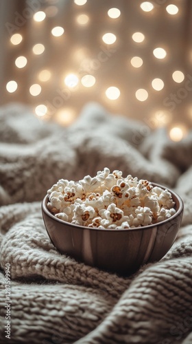 Bowl of popcorn on cozy knit blanket with warm fairy lights in background, creating a relaxing atmosphere. Comfort and leisure concept