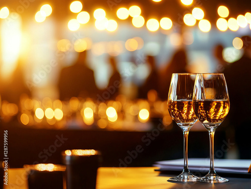Elegant glasses of wine at networking event with warm lights