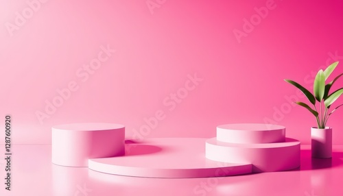 A simple, modern pink backdrop featuring three circular platforms and a potted green plant, ideal for product displays or creative showcases.