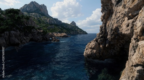 Scenic coastal landscape with rocky cliffs and calm blue waters under a partly cloudy sky