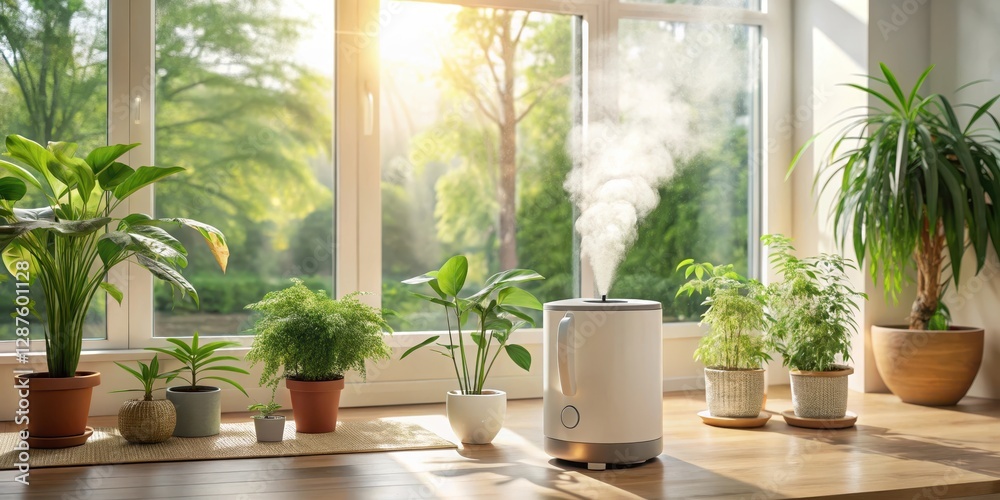 A tranquil home environment featuring a humidifier emitting a gentle mist near vibrant potted plants bathed in sunlight streaming through a large window A tranquil home environment featuring a humidifier emitting a gentle mist near vibrant potted plants bathed in sunlight streaming through a large window