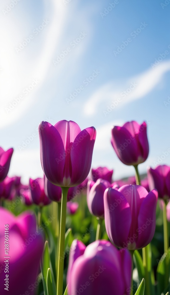 Obraz premium A captivating field of vibrant purple tulips stretches towards a soft, golden sunset sky, capturing the essence of a serene evening.