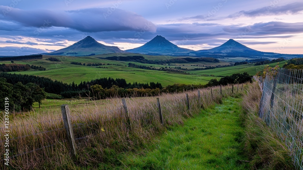Fototapeta premium Scenic view of three majestic mountains at dusk, with a grassy path leading through lush fields