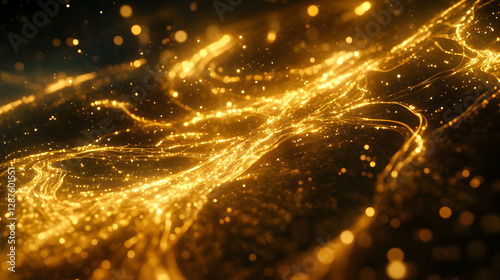 Close up image of shimmering gold sparkle with reflective light and texture details on a dark background photo