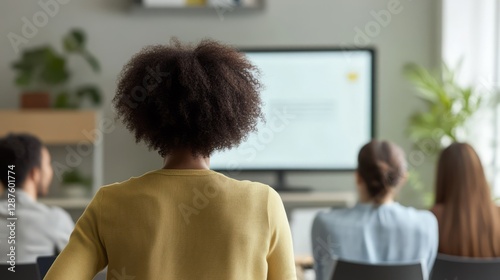The confident businesswoman is standing in front giving a speech. The overall...