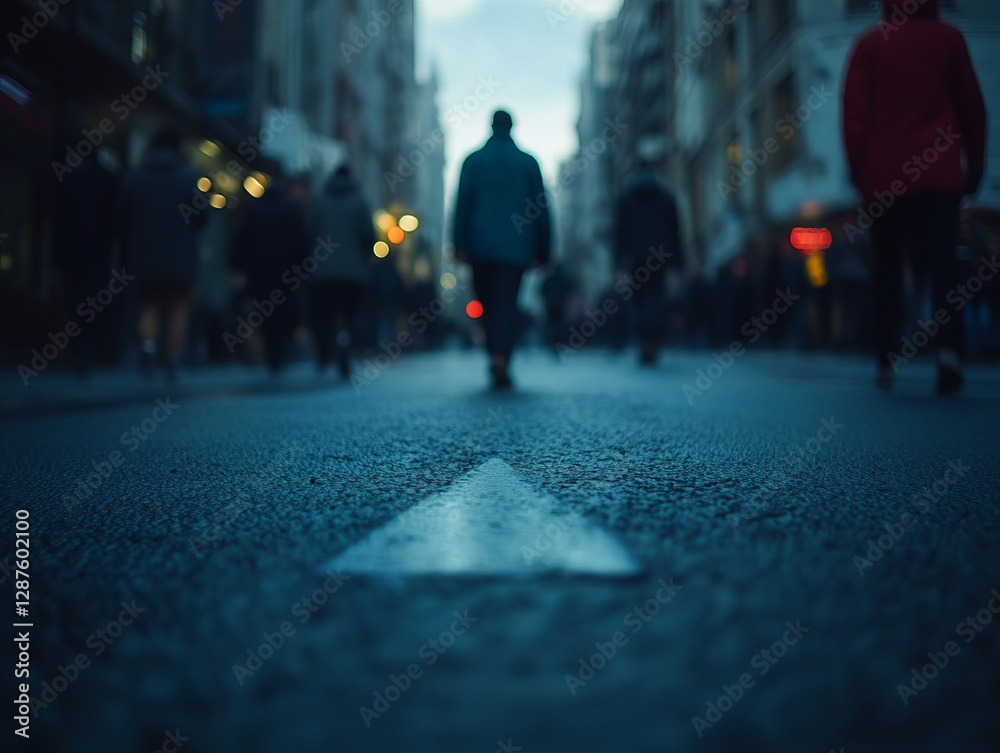 busy street scene with pedestrians walking, urban environment, city life, evening light, blurred focus, street arrow busy street scene with pedestrians walking, urban environment, city life, evening light, blurred focus, street arrow