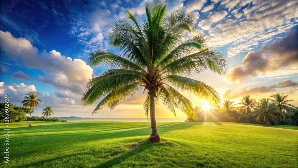 Serene Sunset over Lush Green Field with Majestic Palm Tree Silhouetted Against Vibrant Sky Serene Sunset over Lush Green Field with Majestic Palm Tree Silhouetted Against Vibrant Sky