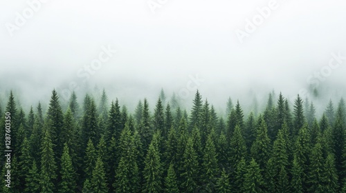 Misty Forest Canopy, Elevated View, Nature Scene, Calm Atmosphere, Stock Photo