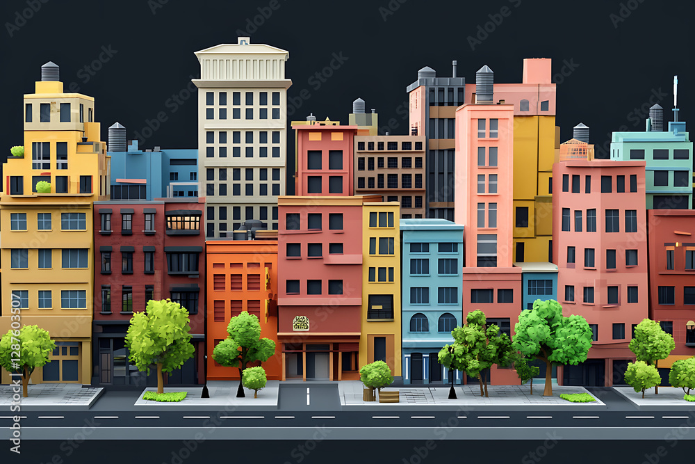 Obraz premium A colorful cityscape featuring various buildings and trees along a street.