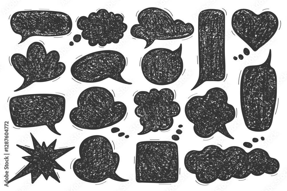 Naklejka premium Crayon bubble speech set. Hand drawn grunge doodle speak elements created with a chalk or pencil texture. Sketch dialogue shapes for comics or childish design projects, vector illustration