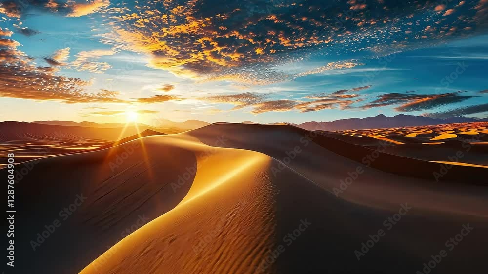 Golden desert landscape at sunset with sand dunes and blue sky