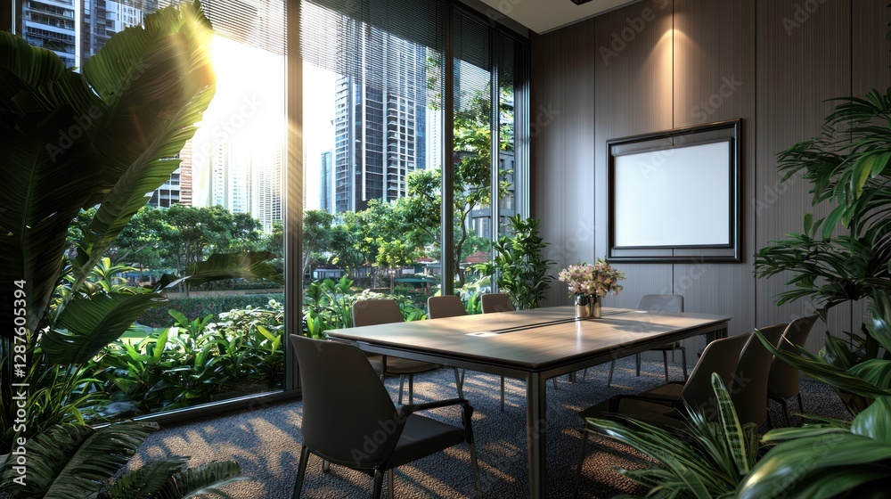 Fototapeta premium Modern conference room with large windows showcasing urban greenery and sunlight streaming in