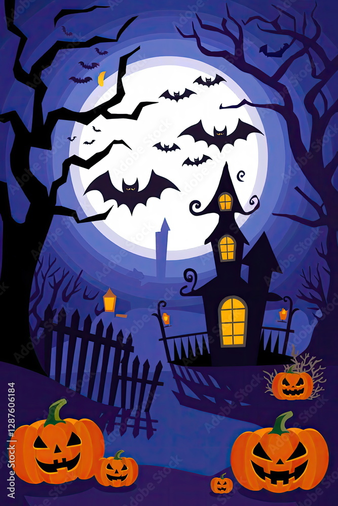 Fototapeta premium A Halloween scene with bats flying around a house and a large pumpkin patch