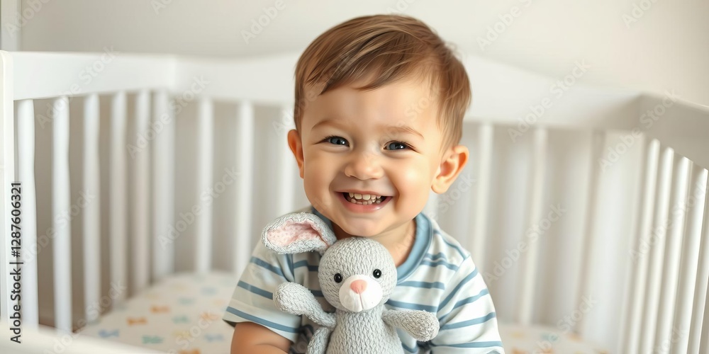 Smiling toddler boy in crib playing with small rabbit toy, boy, nursery, plush Smiling toddler boy in crib playing with small rabbit toy, boy, nursery, plush