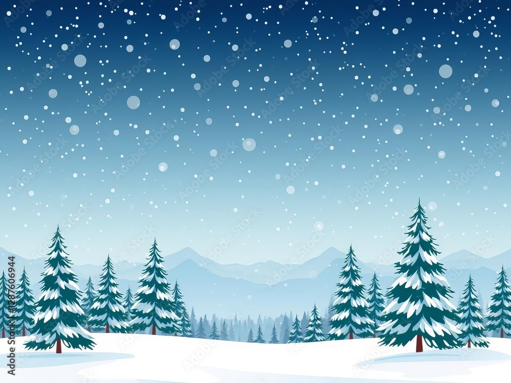Obraz premium snow-covered fir trees in a tranquil winter forest with mountains in the background under a sky filled with falling snowflakes, snowfall, sky, snow
