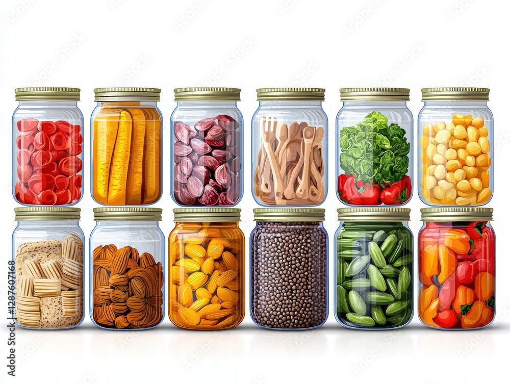A colorful array of delicious food preserved in various jars for home cooking and storage needs A colorful array of delicious food preserved in various jars for home cooking and storage needs