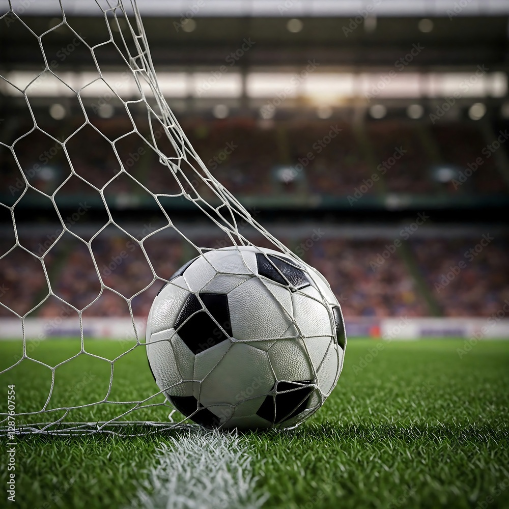 Naklejka premium A soccer ball hitting the back of a soccer net on a green field. soccer ball, net goal, football net, sports action, goal scored, ball hitting, game moment, soccer field, green pitch, sports photograp