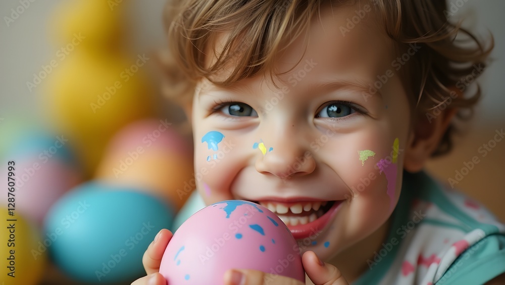 Happy family on Easter. Child having fun on Easter egg decoration and hunt. Happy family on Easter. Child having fun on Easter egg decoration and hunt.