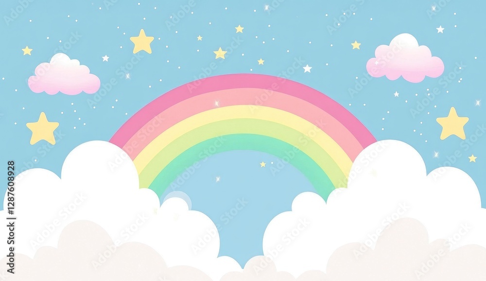 Cute cartoon rainbow and cloud background, pastel colors, stars, simple flat illustration, pastel color palette, cute background. Cute cartoon rainbow and cloud background, pastel colors, stars, simple flat illustration, pastel color palette, cute background.