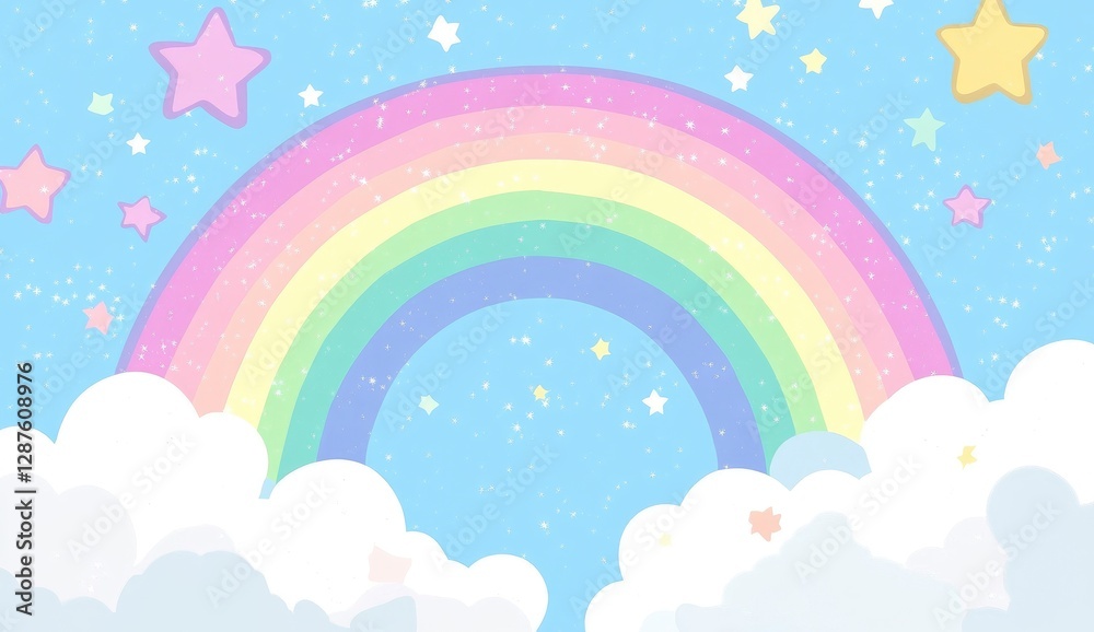 Cute cartoon rainbow and cloud background, pastel colors, stars, simple flat illustration, pastel color palette, cute background. Cute cartoon rainbow and cloud background, pastel colors, stars, simple flat illustration, pastel color palette, cute background.