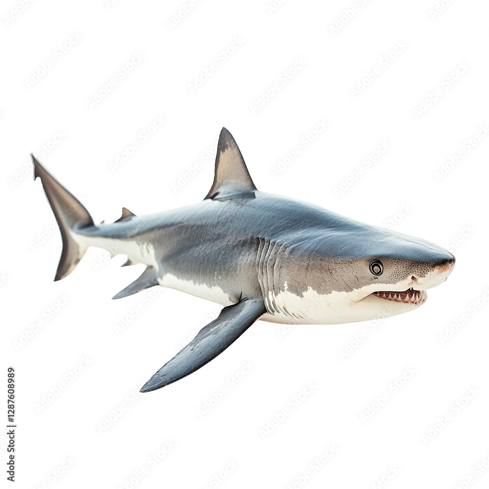 Angled view full-body shot of an extremely perfect-looking single Porbeagle Shark isolated on a white transparent background