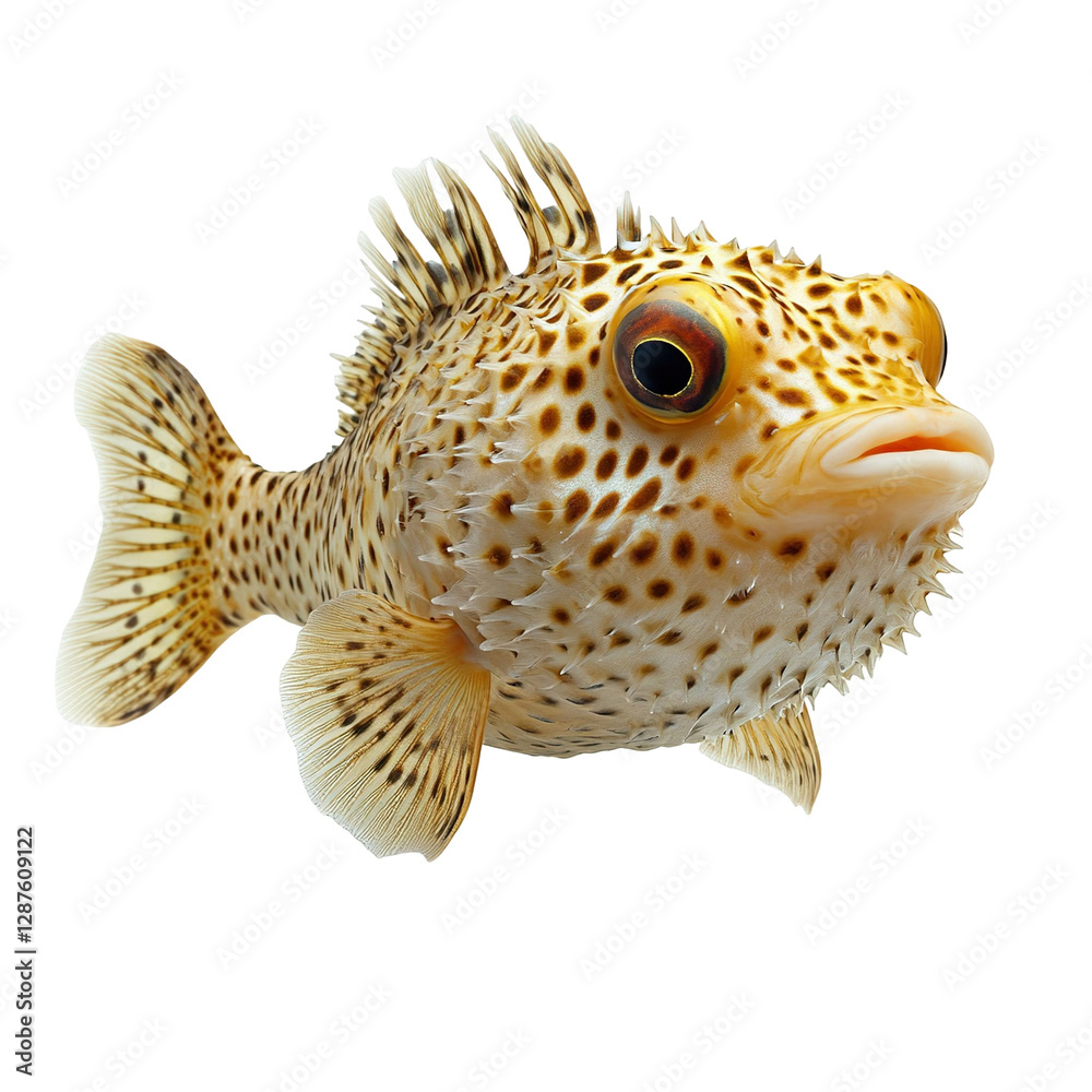 Angled view full-body shot of an extremely perfect-looking single Pufferfish isolated on a white transparent background Angled view full-body shot of an extremely perfect-looking single Pufferfish isolated on a white transparent background
