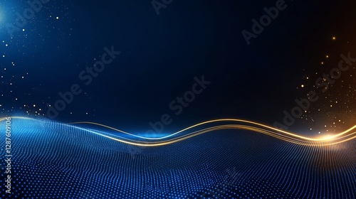 Blue luxury background with golden line, blue curve, shiny dots and glitter light effect.