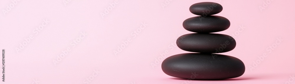 A serene stack of smooth black stones rests on a soft pink background, evoking tranquility and balance. A serene stack of smooth black stones rests on a soft pink background, evoking tranquility and balance.