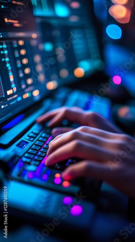 A close-up perspective of a person typing on a keyboard. The glow of the screen illuminates the scene and adds to the atmosphere. Technology meets creativity. Generative AI photo