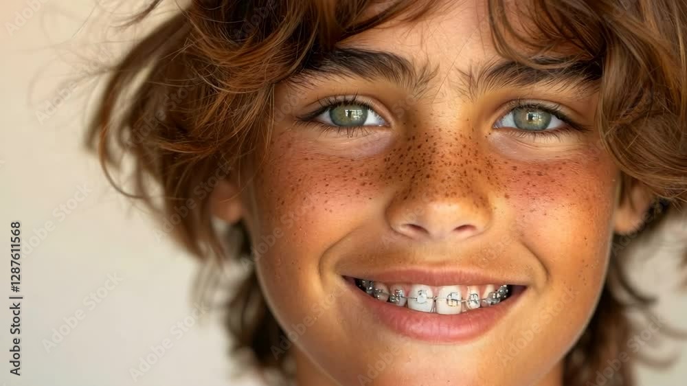 portrait of teenage boy smiling with metal braces on teeth portrait of teenage boy smiling with metal braces on teeth