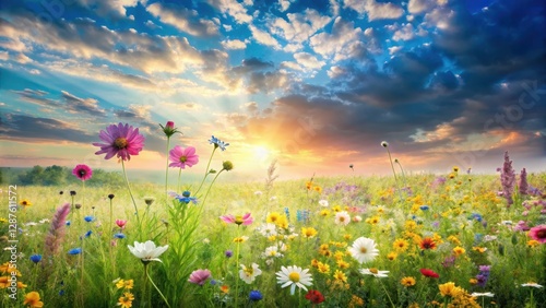 Vibrant Wildflower Meadow at Sunset, a Serene Landscape of Blooming Flowers and a Colorful Sky, Evoking Feelings of Peace and Tranquility