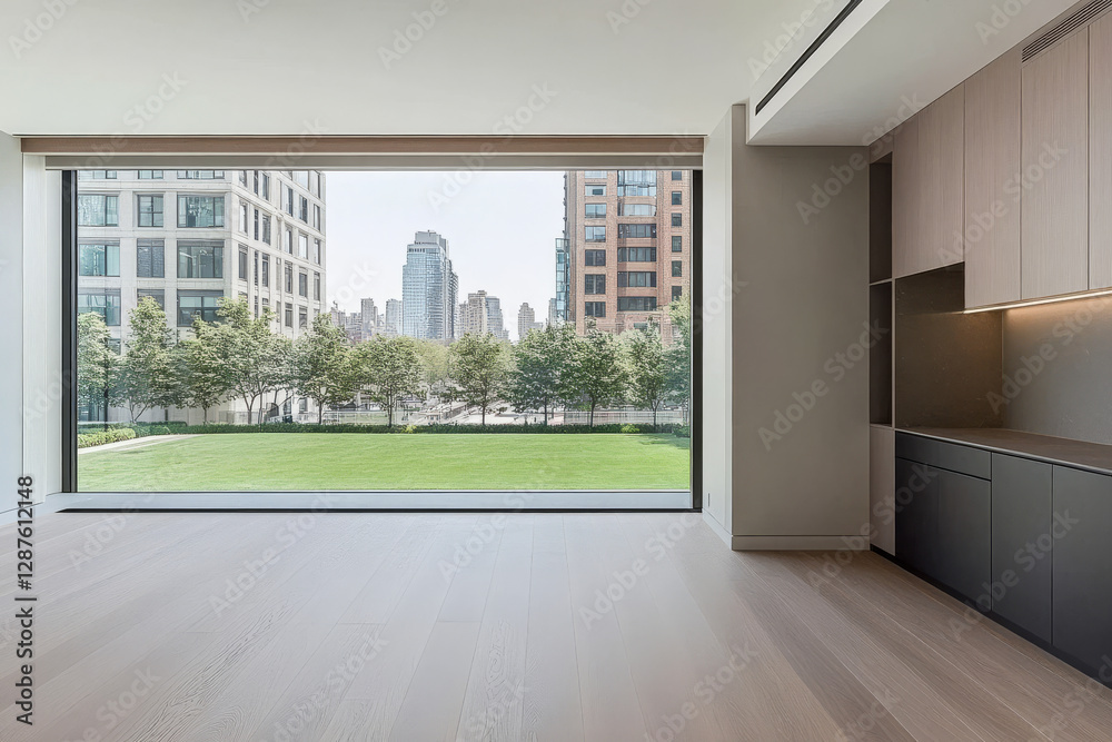 Fototapeta premium Modern minimalistic interior with city skyline view and spacious design