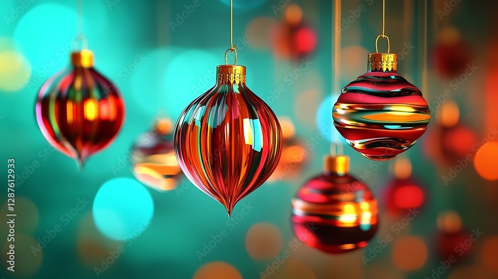 Fototapeta premium Abstract Christmas ornaments with vibrant red and orange hues against a teal bokeh background