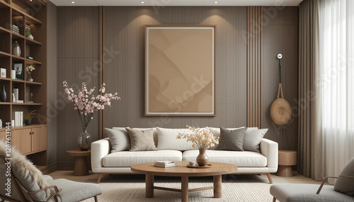 modern living room, Modern Cozy Living Room with White Sofa and Wooden Shelves