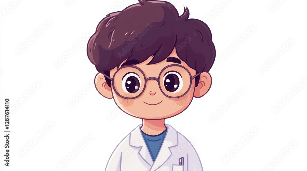 cute cartoon character of young scientist with glasses and lab coat, smiling cheerfully. character has dark hair and is depicted simple, colorful style, conveying sense of curiosity and cute cartoon character of young scientist with glasses and lab coat, smiling cheerfully. character has dark hair and is depicted simple, colorful style, conveying sense of curiosity and