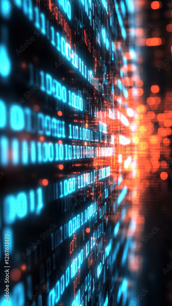 Obraz premium Glowing binary code representing digital data flow in vibrant colors