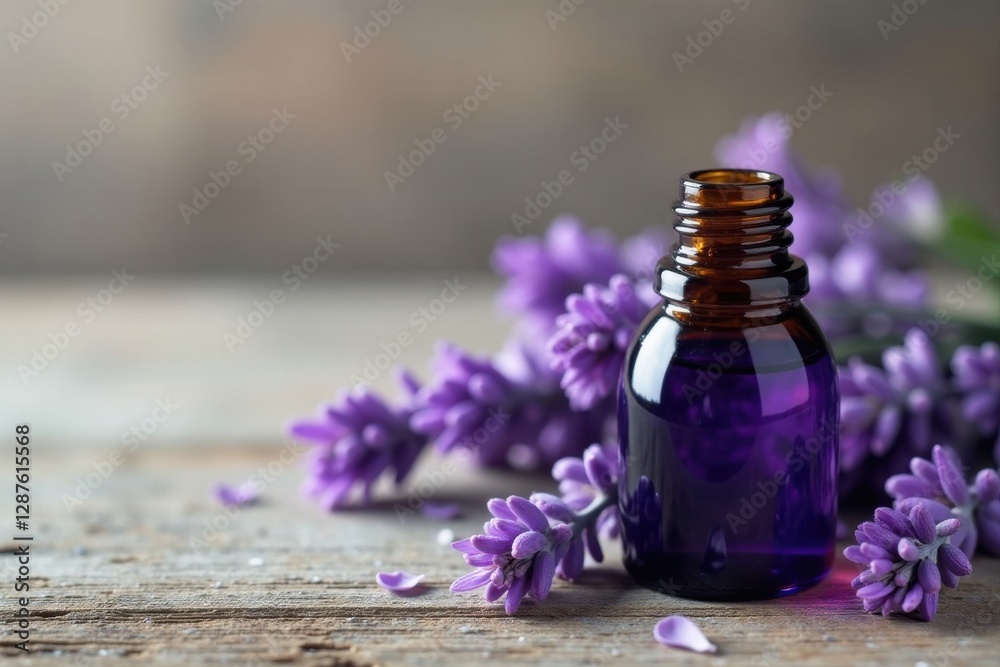 Aromatic Lavender Essential Oil in Dark Glass Bottle with Fresh Blossoms on Rustic Wooden Surface Aromatic Lavender Essential Oil in Dark Glass Bottle with Fresh Blossoms on Rustic Wooden Surface