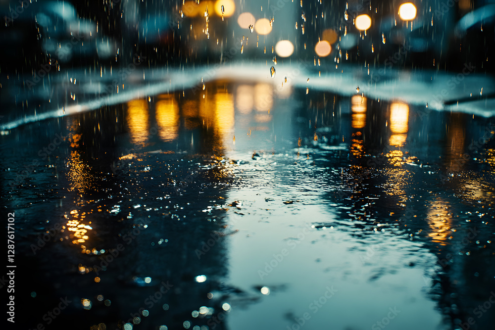 Obraz premium Ground lit by city lights on a rainy day