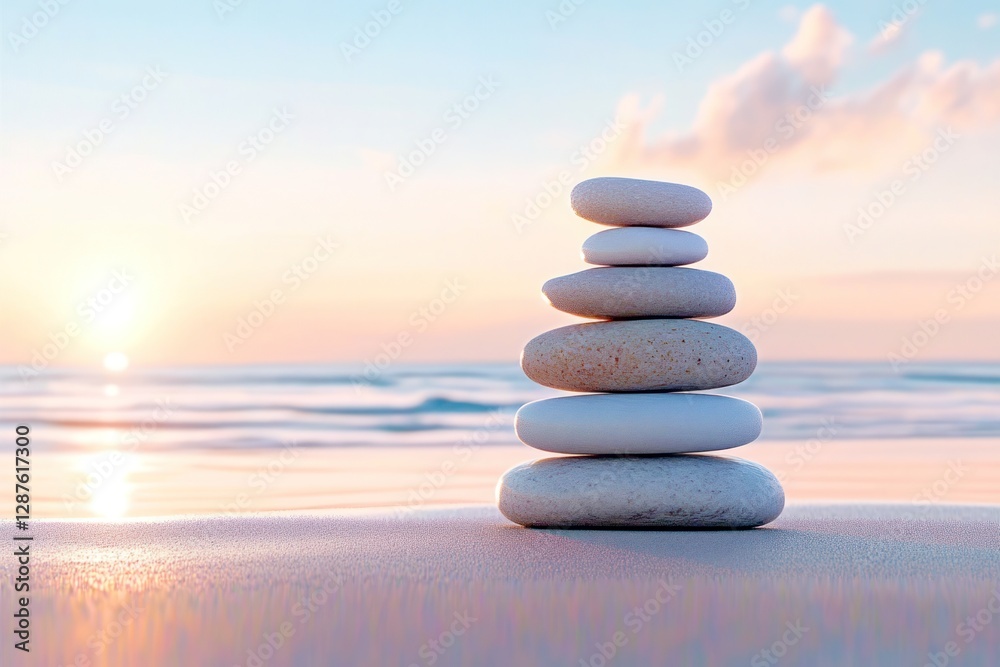 Tranquil Zen Stones Stacked on Sunset Beach, Symbolizing Calmness and Balance in Nature Tranquil Zen Stones Stacked on Sunset Beach, Symbolizing Calmness and Balance in Nature